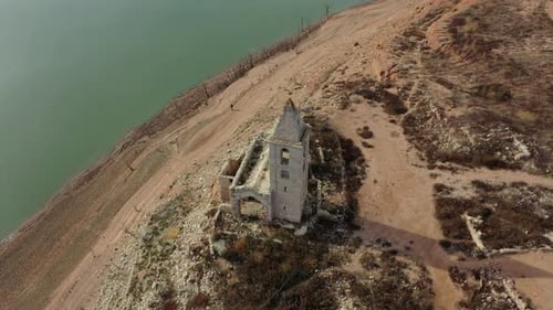 Aerial view of the Sau reservoir in drought.