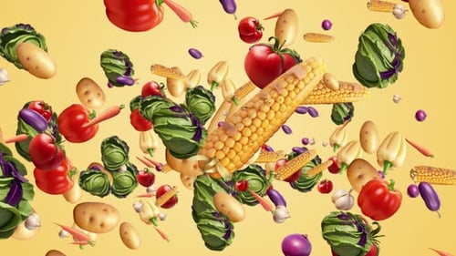 Dynamic Fresh Vegetables Falling and Spinning Background
