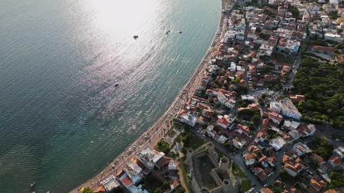 General city drone view of Çandarlı sea at sunset