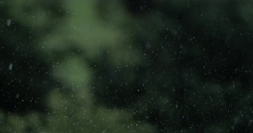 Rain falling in slow motion against blurred green background, creating abstract pattern of droplets