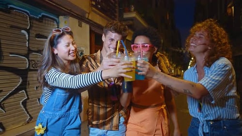 Friends going out in the evening and making party.