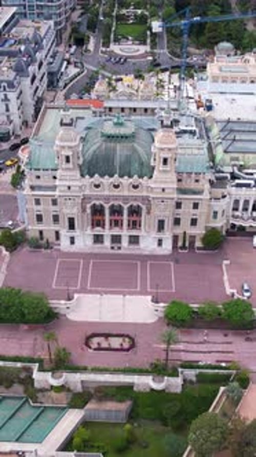 Vertical Drone Shot of Monte Carlo Casino and Plaza, Monaco. Historic Building and Tourist Attractio