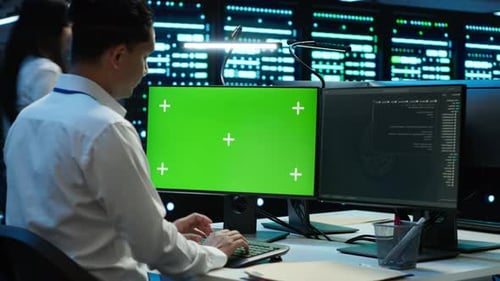 Der Techniker verwendet einen austauschbaren Computerbildschirm für die Arbeit am Server-Hub