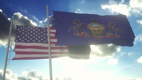 United States and Pennsylvania State Flags Waving Together