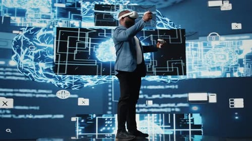 Man Using VR Headset in High-Tech Environment