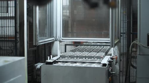 Robotic Manipulator Taking Metal Detail On Modern Factory. Automatical Equipment Working On Assem...