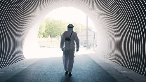 Mann im Schutzanzug desinfiziert U-Bahn-Tunnel mit einem antiseptischen Sprühgerät Oberflächenbehandlung aufgrund von