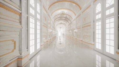 Luxury White Marble Corridor with Gold Accents and Bright Light at the End