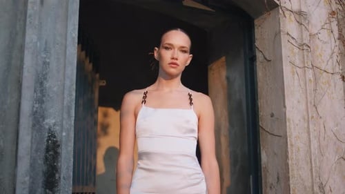 Lady Posing Ancient Building Illuminated Evening Sunlight Girl Standing at Arch