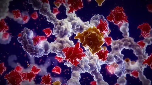 Vibrant microscopic view of cells and molecules in motion