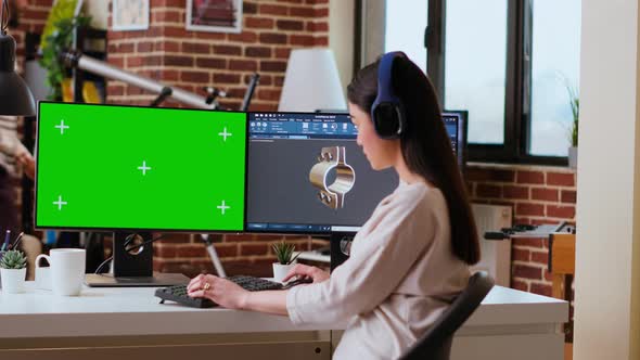 Software Developer Works in a Modern Office with Green Screen and Dual ...