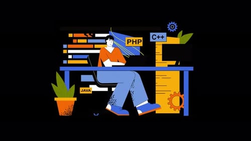 Illustration of a Developer Coding with Java, PHP, and C++ in a Modern Workspace