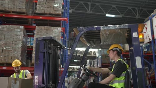 Blue collar workers are working at warehouse.