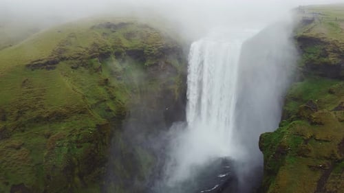 Waterfall In Iceland. Amazing View Of The Skogafoss Waterfall