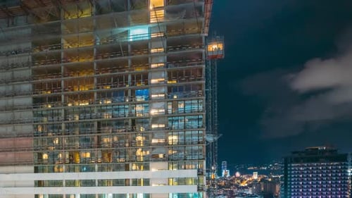 Nightwork Development Of Modern Multistorey Residential Houses Crane Work Onstruction And