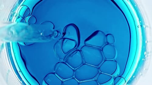 Des bulles d'air transparentes sortent d'une pipette de laboratoire et éclatent à la surface d'un liquide clair à Petri