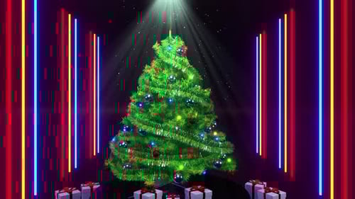 Neon Christmas Tree with Spinning Gifts and Glowing Lights