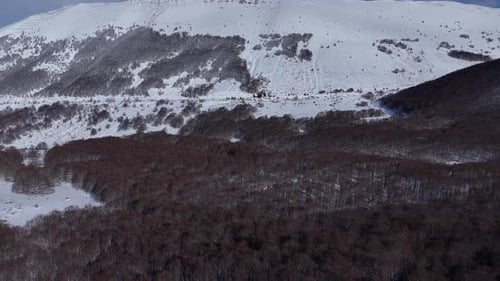 Drone Aerial Video Flying Forward Over Winter Forest Towards Snowy Mountain Slope in Abruzzo Italy