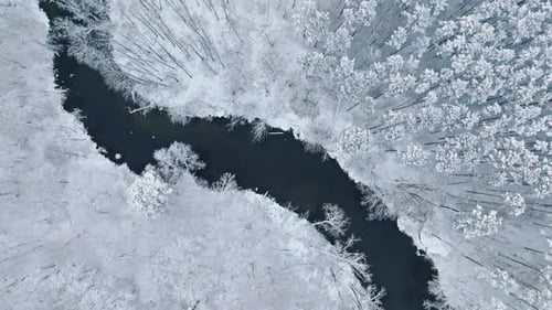 Aerial view of river flowing in snow-covered forest in winter.