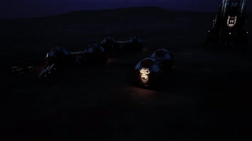 Exploring the Mars Colony Base at Night with Illuminated Habitats and Vehicles