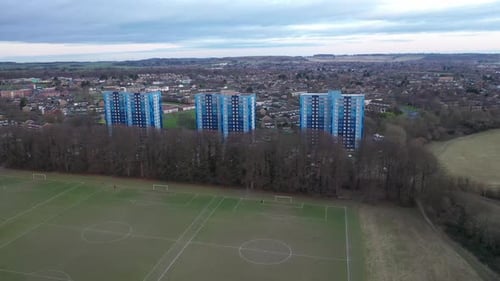 Aerial View of Suburban Landscape with Soccer Fields