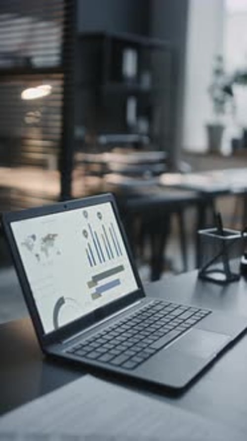 Laptop with Financial Charts on Display on Desk in office