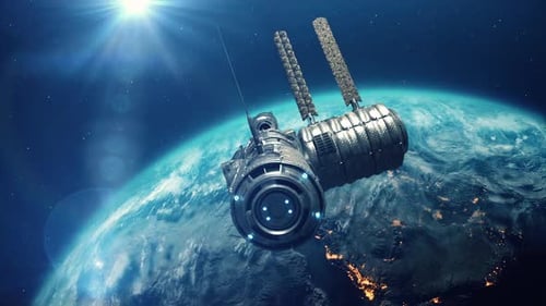 3D Futuristic Satellite Orbiting Earth in Space