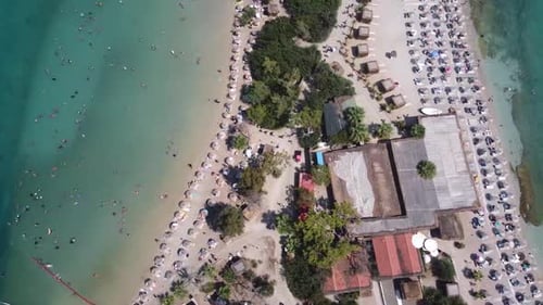 Aerial view of beach resort surrounded by crystal waters in Oludeniz on the Turquoise coast of Turke