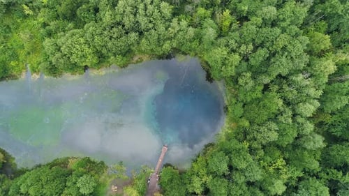 Luftaufnahme von oben nach unten auf den einzigartigen türkisfarbenen Karstsee, der das ganze Jahr über die gleiche Temperatur hat und