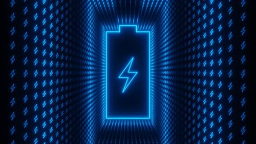 Blue Neon Battery with Wave Energy Icons Loop Animation