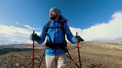 Portrait of Man Hiker Doing Hiking Outdoors Mountain Background Caucasian Male Walks with Sticks and