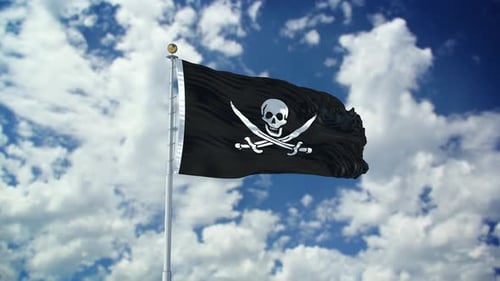 Realistic Waving Pirate Flag with Jolly Roger Against Blue Sky