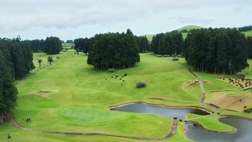 Cinematic aerial drone shot of green golf course.