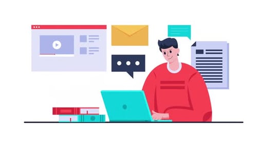 Flat Design Animation of Person Working with Digital Technology