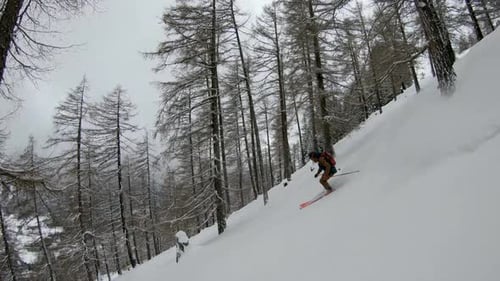 Follow cam faceshot of freeride skier with snow spray in storm Swiss Alps