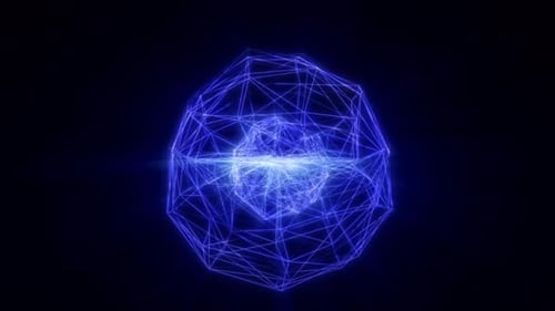 Leuchtende abstrakte geometrische Kugel mit blauen Neonlinien und hellem, miteinander verbundenem Netzwerk