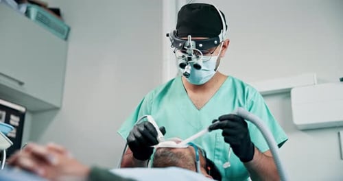Dentist, teeth whitening and patient with medical work and dental job with marker for surgery