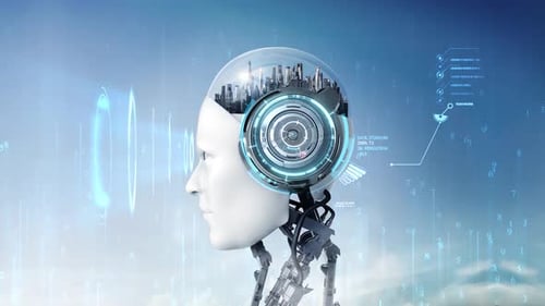 Futuristic AI Robot Head with City and Digital Data HUD