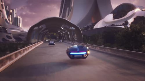 4K, Fake 3D video game. Utopia city sunset race, fake game.