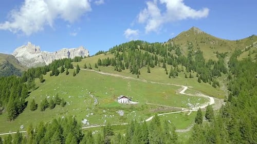 Drone over mountain village and pine trees, slow movement in