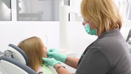 Female Dentist Preparing Girl for Teeth Examination in Modern Dental Office Professional Doctor Puts
