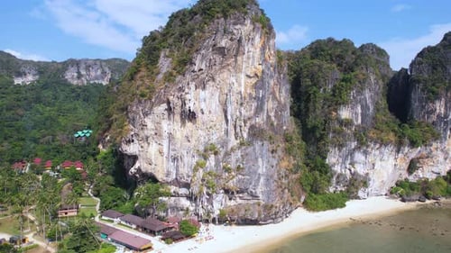 Drone Shot of Limestone Cliffs Above Railway Beach. Scenic Landscape of Krabi, Thailand