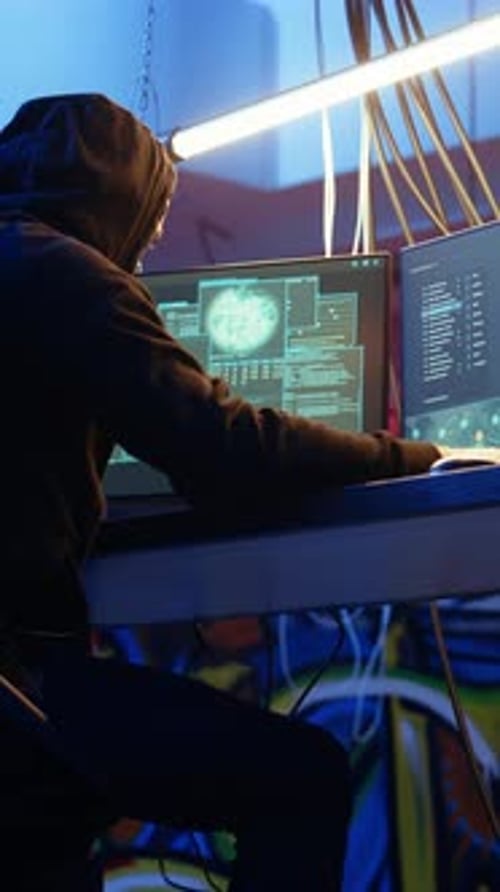 Hacker working at computers in dark room