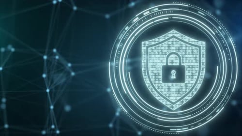 Security Hologram Virtual Hud Pin with Shield and Lock Concept of Finance Data Privacy and