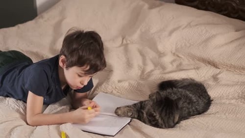 Boy Writes in Notebook with Cat on Bed