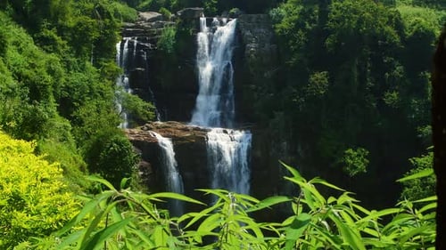 Majestic Waterfall Cascading Down Lush Green Hills in Tropical Rainforest