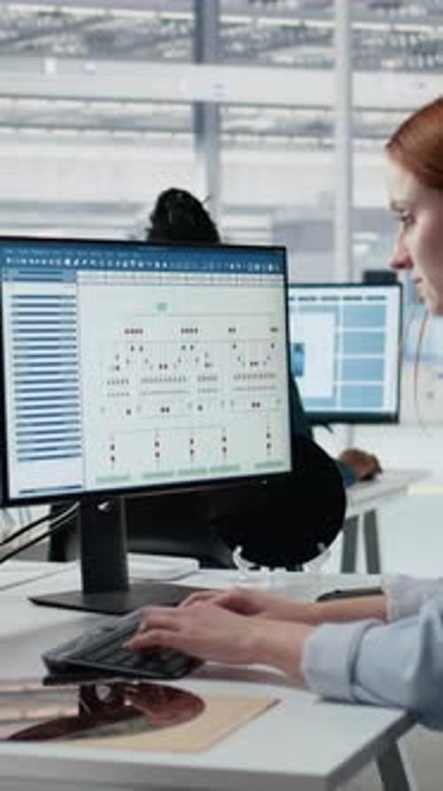 Vertical Video Analyzing PCB Architecture PC Software Close Up and Woman in Factory Office