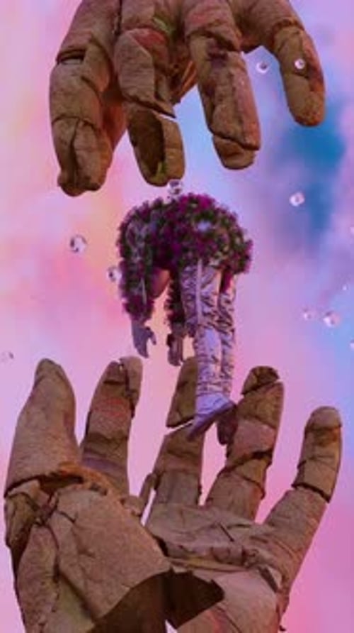 Die Dualität des Steins: Zwei Hände, die sich auf und ab strecken, und ein Mann, der sich spiralförmig durch die Luft zwischen den beiden bewegt
