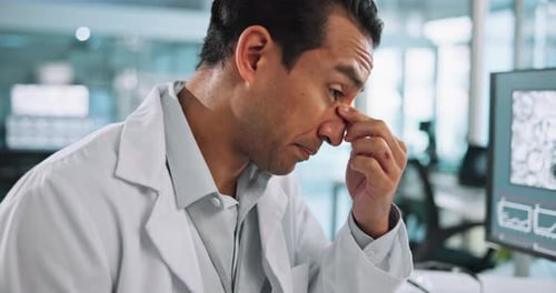Stressed Doctor Rubbing Eye, Coughing at Work