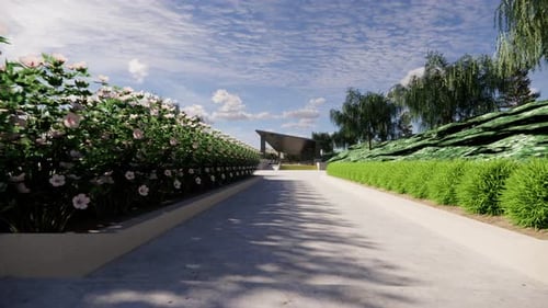 Serene garden path leading to modern architectural pavilion under bright blue sky